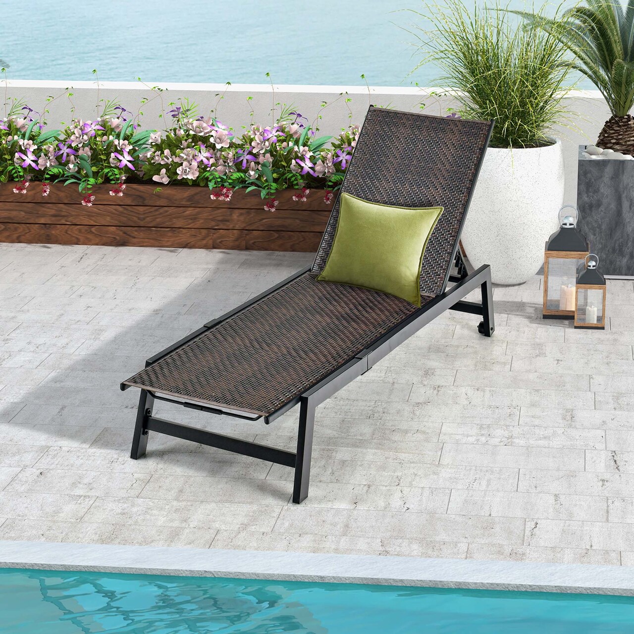 Costway Patio Galvanized Steel Chaise Lounge with Wheels Outdoor PE Rattan Recliner Chair